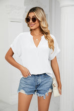 Load image into Gallery viewer, Textured Notched Neck Cuffed Sleeve Blouse

