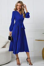 Load image into Gallery viewer, V-Neck Long Sleeve Tie Waist Midi Dress
