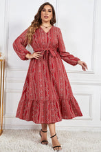 Load image into Gallery viewer, Melo Apparel Plus Size Tie Belt V-Neck Balloon Sleeve Midi Dress
