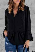 Load image into Gallery viewer, Spliced Lace Notched Neck Flare Sleeve Blouse
