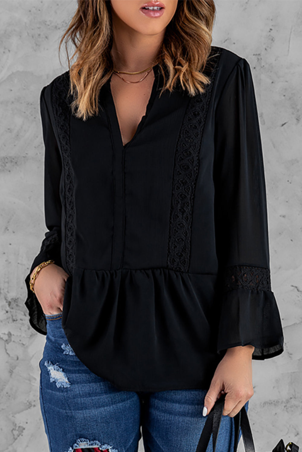 Spliced Lace Notched Neck Flare Sleeve Blouse