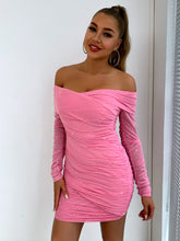 Load image into Gallery viewer, Glitter Ruched Off-Shoulder Long Sleeve Bodycon Dress
