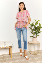 Load image into Gallery viewer, Double Take Bohemian Decorative Button Tie-Neck Peplum Blouse
