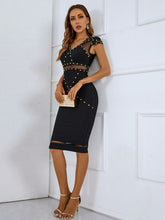 Load image into Gallery viewer, Studded Spliced Mesh V-Neck Dress
