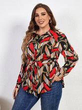 Load image into Gallery viewer, Plus Size Printed Collared Neck Tie Waist Long Sleeve Shirt

