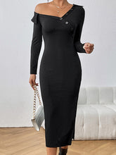 Load image into Gallery viewer, Asymmetrical Neck Long Sleeve Slit Dress
