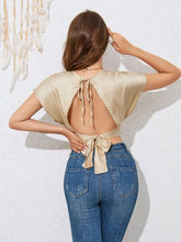 Load image into Gallery viewer, Backless Tied Plunge Cap Sleeve T-Shirt
