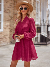 Load image into Gallery viewer, Belted Surplice Neck Long Sleeve Mini Dress
