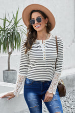 Load image into Gallery viewer, Striped Button-Up Lace Detail Long Sleeve Blouse
