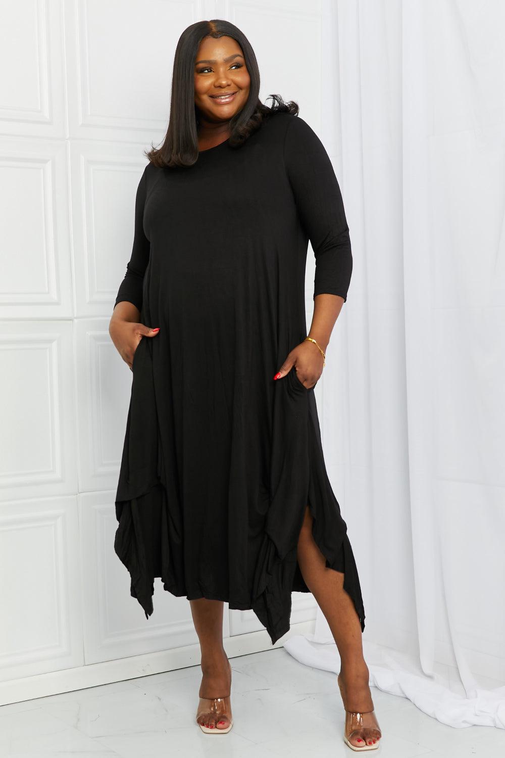 Celeste Good Days Full Size Round Neck Midi Dress in Black