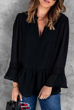 Load image into Gallery viewer, Spliced Lace Notched Neck Flare Sleeve Blouse
