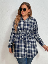 Load image into Gallery viewer, Plus Size Plaid Collared Neck Tie Waist Shirt
