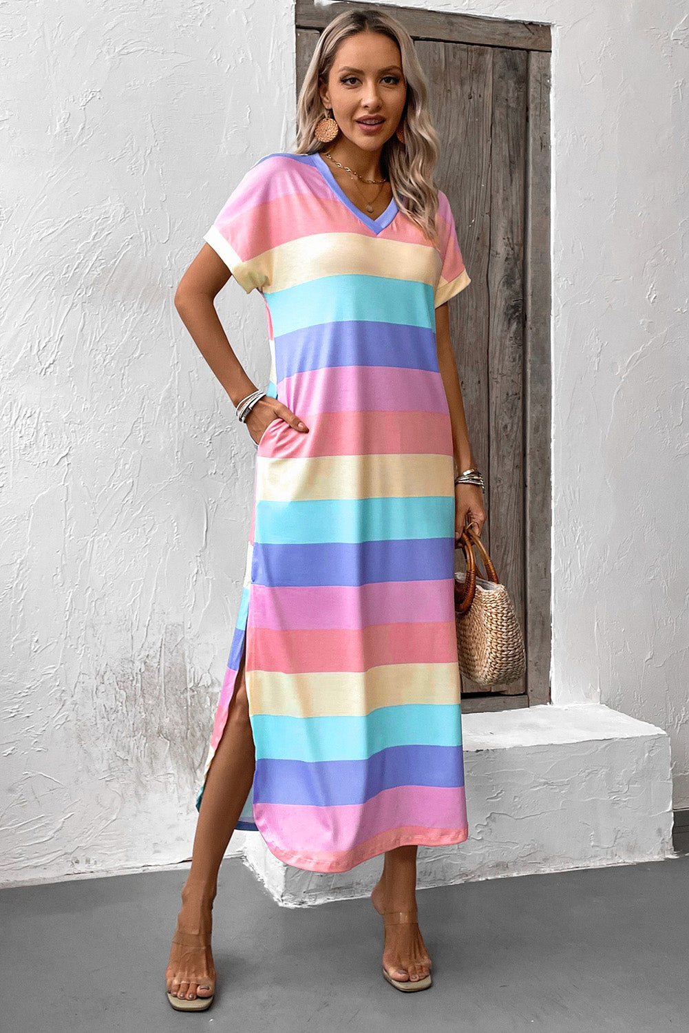 Color Block V-Neck Short Sleeve Slit Dress with Pockets