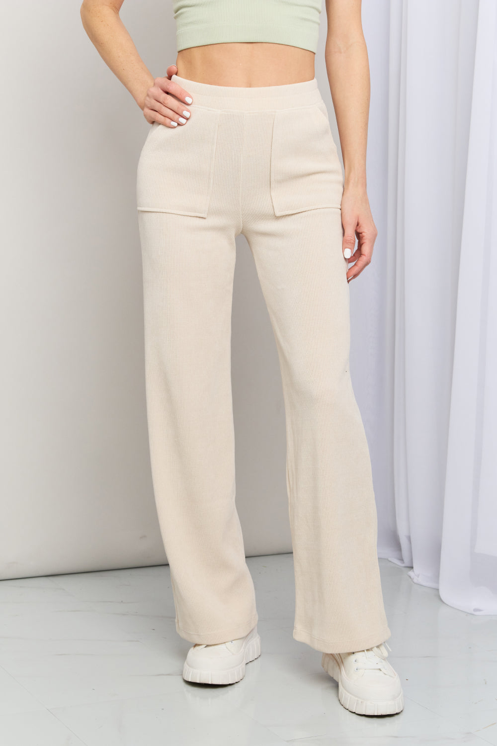 Yelete Elastic Waist Wide Leg Pants with Pockets in Ivory