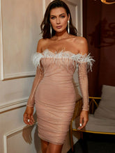 Load image into Gallery viewer, Glitter Feather Trim Off-Shoulder Ruched Mini Dress
