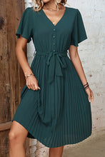 Load image into Gallery viewer, Buttoned V-Neck Flutter Sleeve Pleated Dress
