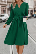 Load image into Gallery viewer, Tie Waist Notched Neck Long Sleeve Dress
