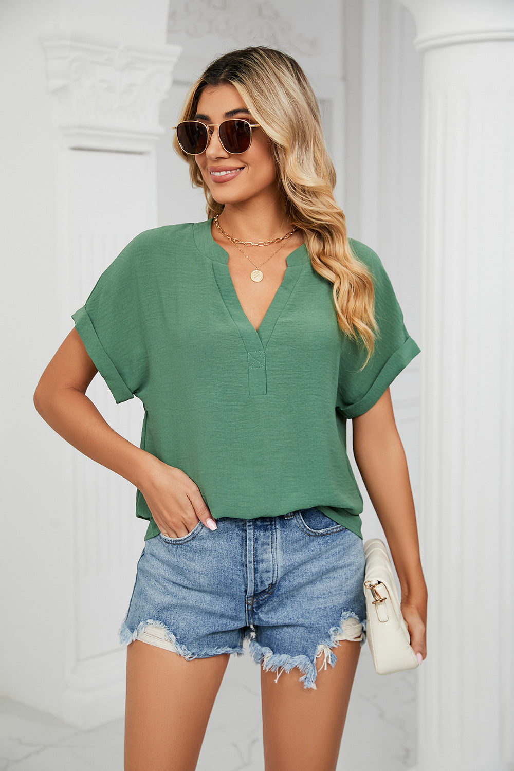Textured Notched Neck Cuffed Sleeve Blouse