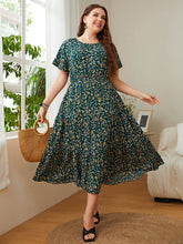 Load image into Gallery viewer, Plus Size Floral Round Neck Short Sleeve Midi Dress
