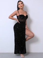 Load image into Gallery viewer, Sequin Spliced Mesh Adjustable Strap Dress
