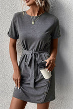 Load image into Gallery viewer, Decorative Button Tie-Waist Cuffed Sleeve Tee Dress
