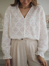 Load image into Gallery viewer, Eyelet Notched Neck Flounce Sleeve Blouse
