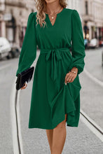 Load image into Gallery viewer, Tie Waist Notched Neck Long Sleeve Dress
