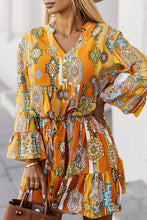 Load image into Gallery viewer, Printed Notched Neck Flounce Sleeve Dress
