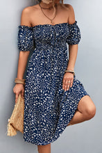 Load image into Gallery viewer, Ditsy Floral Smocked Frill Trim Off-Shoulder Dress
