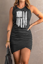 Load image into Gallery viewer, US Flag Graphic Tulip Hem Ruched Sleeveless Dress
