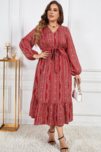 Load image into Gallery viewer, Melo Apparel Plus Size Tie Belt V-Neck Balloon Sleeve Midi Dress
