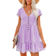 Load image into Gallery viewer, Printed V-Neck Buttoned Short Sleeve Mini Dress
