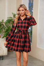 Load image into Gallery viewer, Plaid Print Tie Waist Collared Neck Shirt Dress
