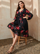 Load image into Gallery viewer, Plus Size Floral Surplice Neck Tie Waist Dress
