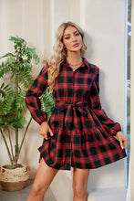 Load image into Gallery viewer, Plaid Print Tie Waist Collared Neck Shirt Dress
