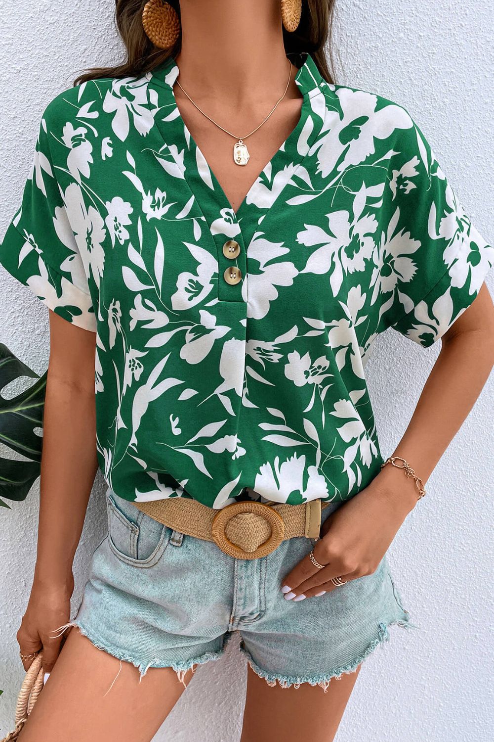 Floral Buttoned Notched Neck Blouse